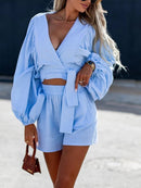Women Casual Loose V Neck Crop Top And Straight Shorts Two Piece Set Female Solid Lace Up Long Sleeve Shirts Tops And Shorts Set