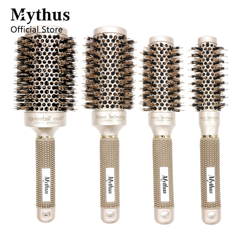 Mythus Professional Nano Technology Ceramic Ionic Hair Round Brush Boar Bristle Antistatic Heat Resistant Hair Curling Brushes