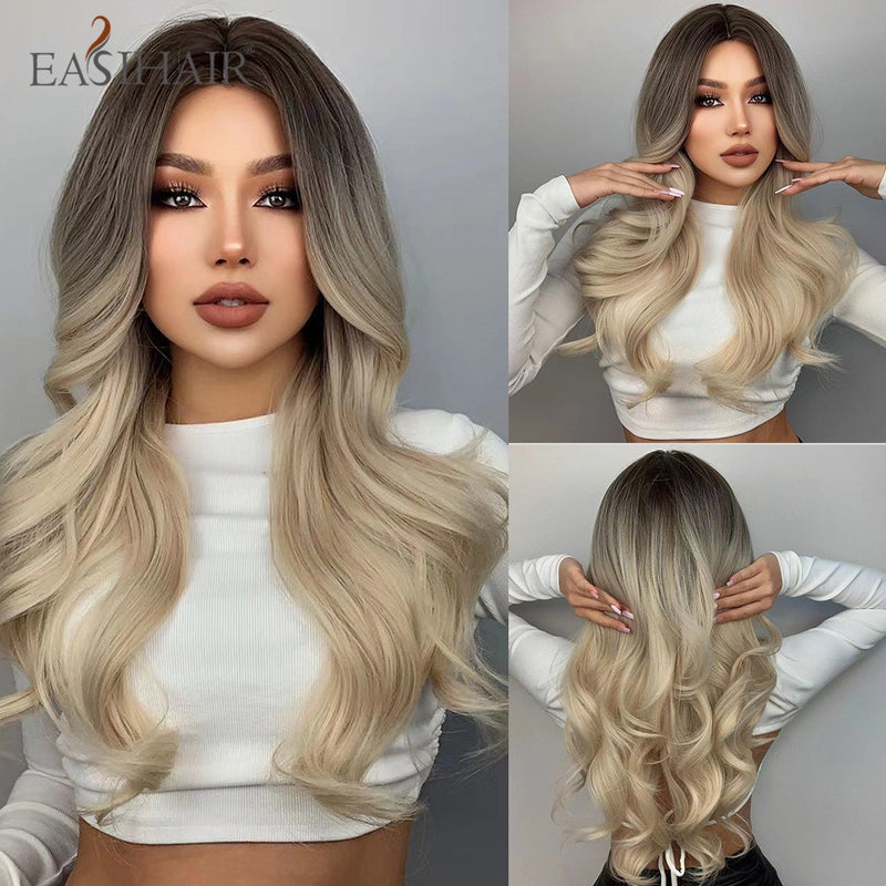 EASIHAIR Lange hellblonde Perücken im Ombré-Stil mit natürlichen Wellen, hitzebeständig, synthetische Perücken, Mittelteil, Cosplay-Perücken für Frauen