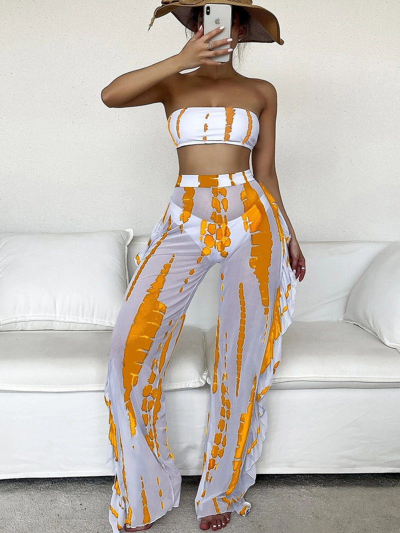 Three Pieces Tie Dye Bandeau Bikini Women Swimsuit with Ruffle Beach Pants 2022 Summer Beach Bathing Suit Bikini Set