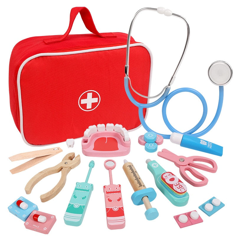 Doctor Toys for Children Set Kids Wooden Pretend Play Kit Games for Girls Boys Red Medical Dentist Medicine Box Cloth Bags