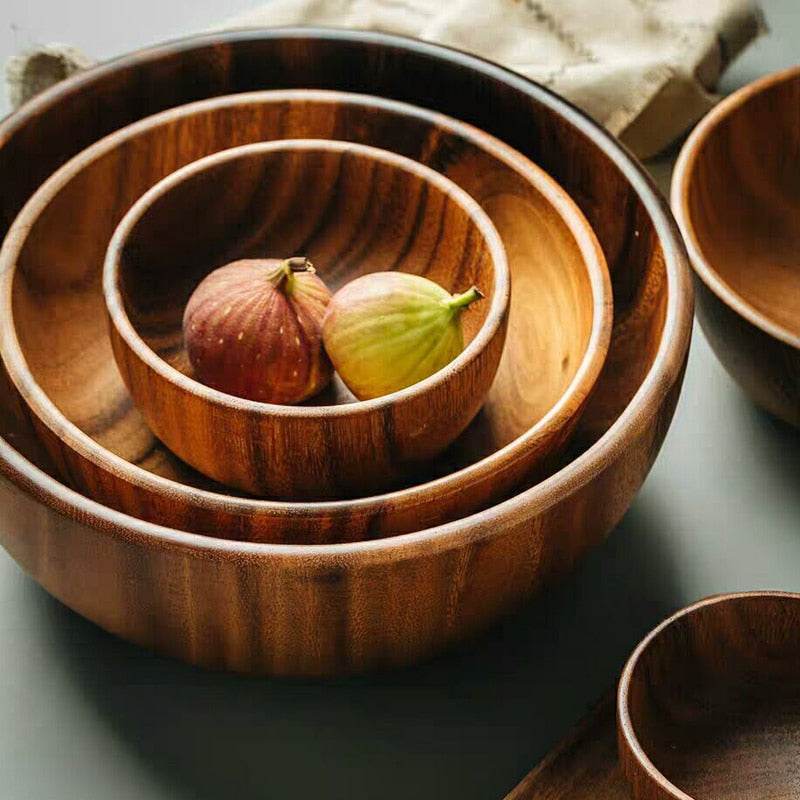 1Pc Natural Acacia Wood Bowl Salad Soup Bowl Big Small Wooden Bowl Food Serving Bowl Container Wooden Kitchen Utensils Tableware