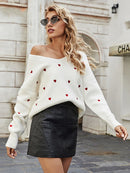 Fitshinling V Neck Embroidery Heart Sweater Women Pullover Knitwear Korean Style Kawaii Jumper Winter Casual Sweaters Tops Sale