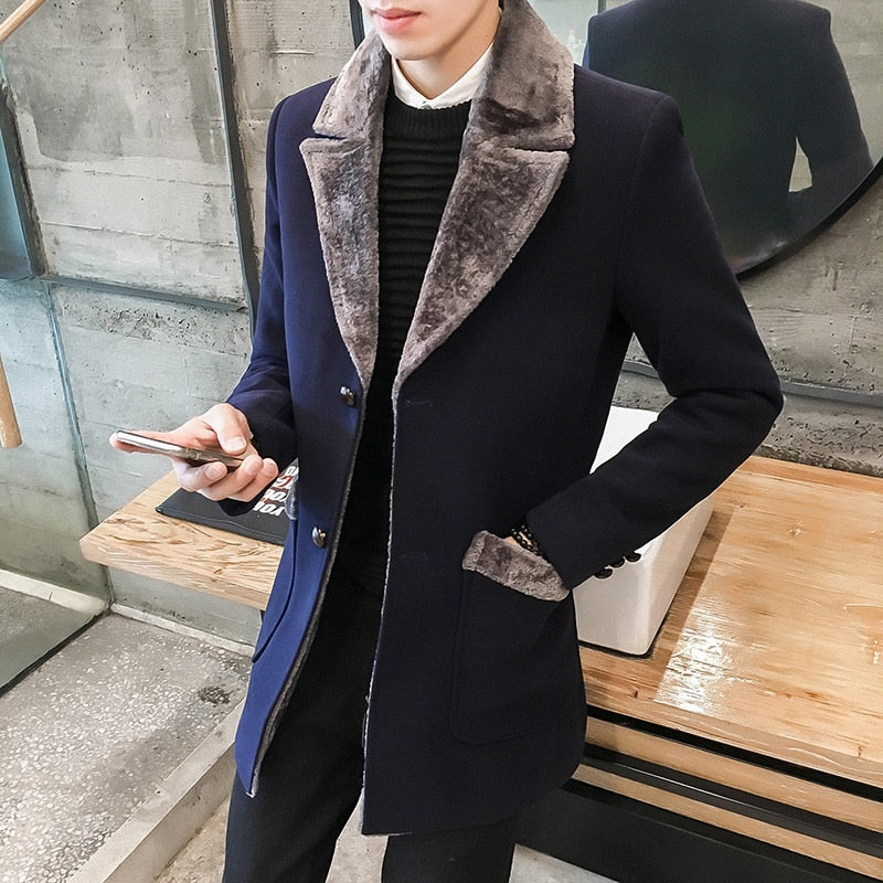 2022 Winter New Casual Windbreaker Men's Jacket Korean Long Section Large Fur Collar Jacket Men's Business Casual Warm Wool Coat