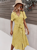 Spring Summer Ladies Bandage Dress Women Casual Medium Long Sleeve Button Floral Print Holiday Style Chic Dress Female 2022 New