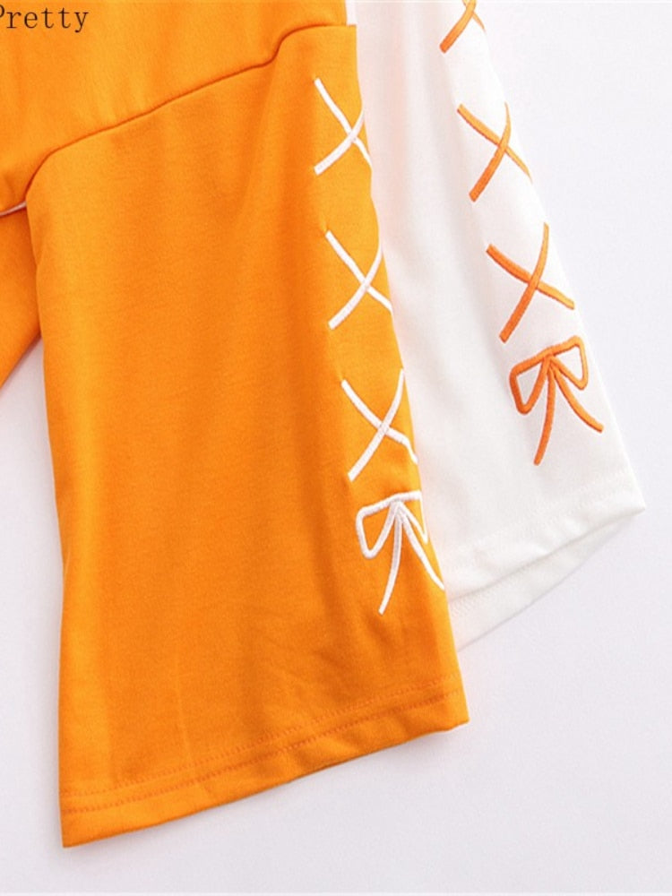 Camiseta coreana de verano para mujer, ropa Kawaii, camiseta de algodón de manga corta con retazos bordados en naranja, Tops bonitos para chicas