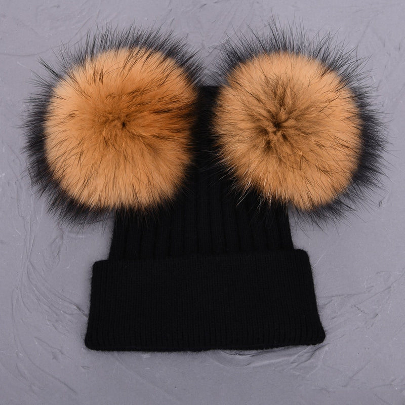 Double Real Raccoon Fur Pompom Hat Women Winter Caps Knitted Wool Hats Skullies Beanies Girls Female Two Fur Pom Pom Beanie Hat