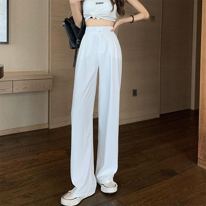 Fashion Summer Thin Solid Color Drape Mop Pants Femme All-match Patchwork Two Buttons Higt Waist Pleated Casual Loose Trousers