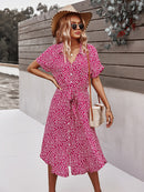 Spring Summer Ladies Bandage Dress Women Casual Medium Long Sleeve Button Floral Print Holiday Style Chic Dress Female 2022 New