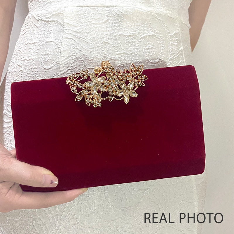 European fashion Noble Lady Rhinestone Evening Clutch Tote Bag Burgundy Black Gold Solid Women Shoulder Chain Suede Surface