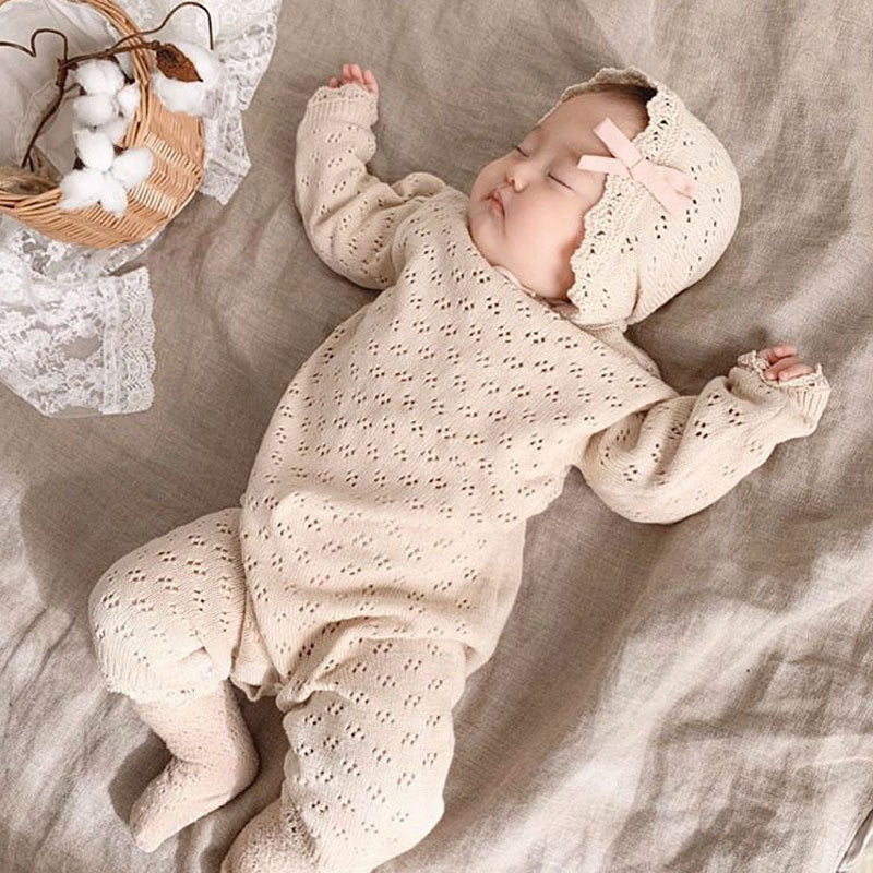 HoneyCherry Autumn New Baby Romper Knitted Jumpsuit Baby Girl Lace Long-Sleeved Romper Hooded Crawling Clothes