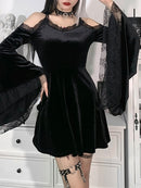 InsGoth Goth Sexy Flare manga vestido negro Y2K Harajuku alta cintura una línea Mini vestidos fuera del hombro Punk Halloween otoño vestido