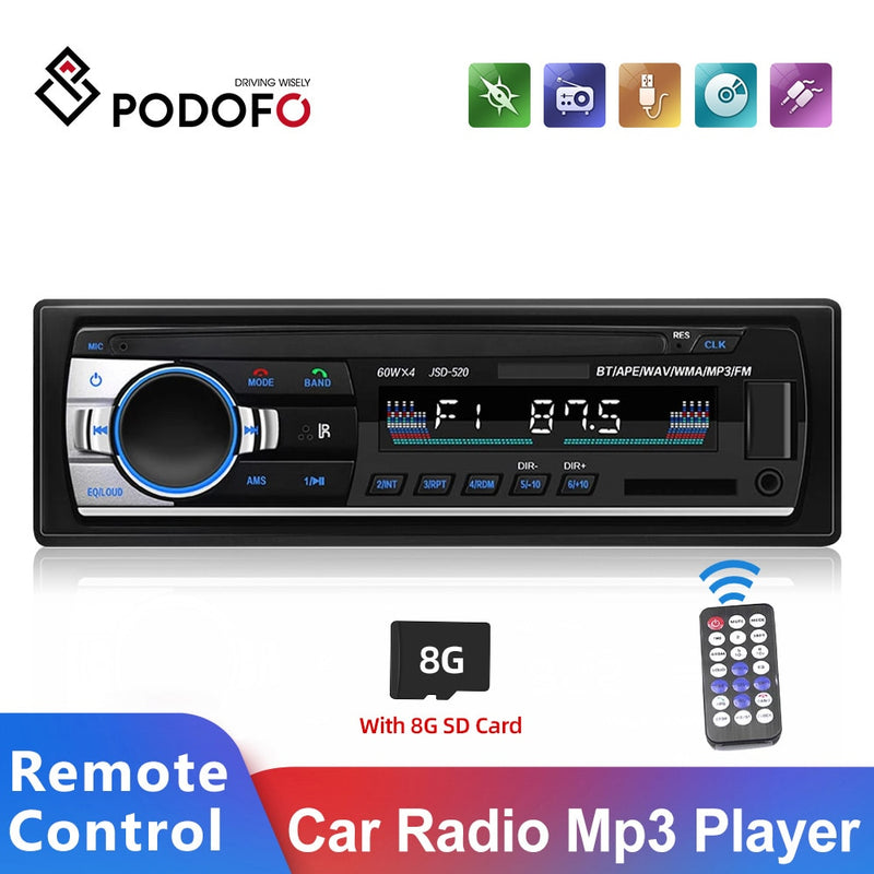 Podofo Car Radio Estéreo Reproductor Digital Bluetooth MP3 Player JSD-520 60Wx4 FM Audio Estéreo Música USB / SD con entrada AUX en el tablero