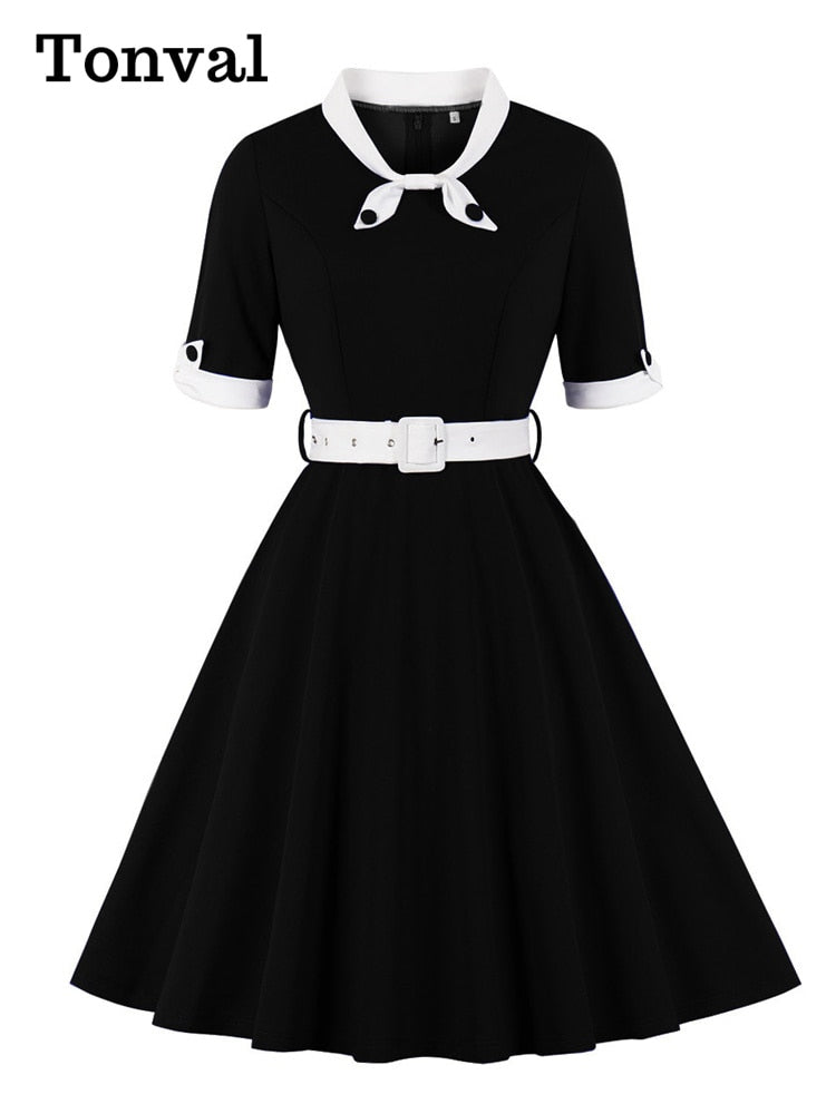 Tonval Green Contrast Bow Neck and Cuff Vintage Belted Dress Half Sleeve Autumn Women Fit and Flare Retro Swing Dresses