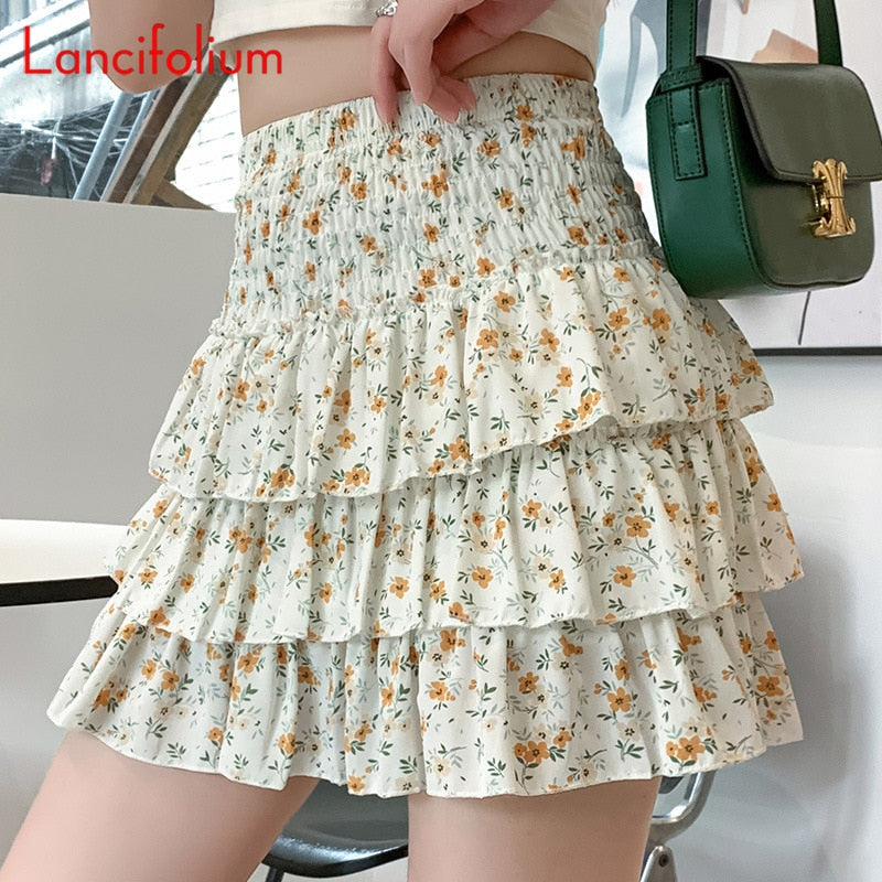 Cake Skirt Women Floral A Line Chiffon Mini Skirt Korean Kawaii Elastic High Waist Tiered Black White School Pleated Skirts B006