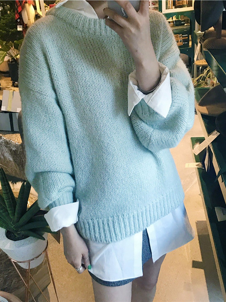 Aachoae Pullover Frauen 2021 Herbst Winter Solide O Hals Pullover Pullover Koreanischen Stil Gestrickte Langarm Pullover Casual Tops