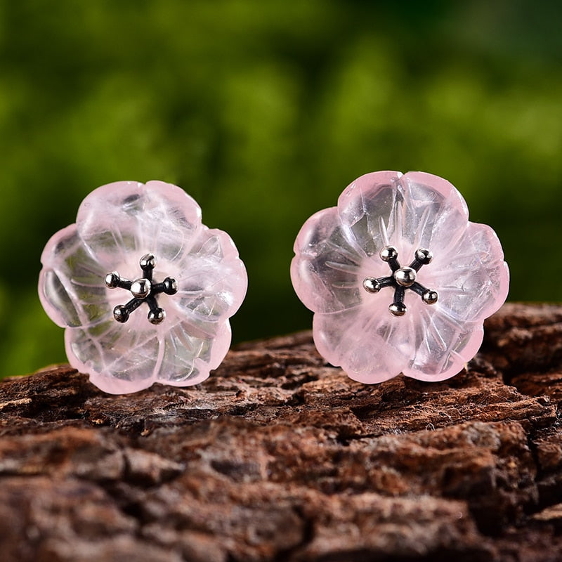 Lotus Fun Real 925 Pendientes de plata esterlina Gemas de cristal natural Joyería fina Flor en la lluvia Pendientes de botón para mujeres Brincos