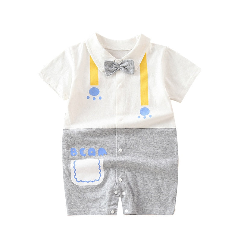 2023 summer baby clothes Casual romper newborn short sleeve cotton cartoon print stripe turn-down Infant baby boys clothing