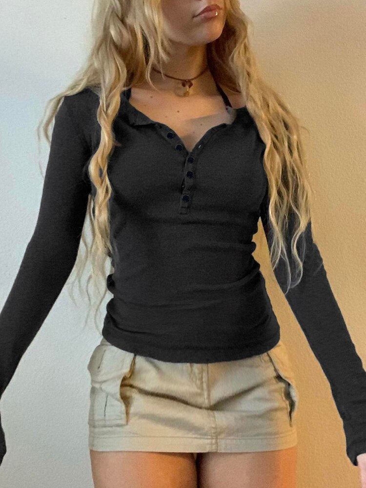 Rapwriter Casual Wave Line Ribbed V-Neck Long Sleeve Crop Top Basic Solid T-Shirt Girl 2023 Streetwear Stretch Tee Shirt femme