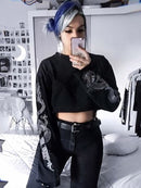 InsGoth, Top corto negro con capucha para mujer, sudadera gótica Punk Grunge con estampado de dragón Harajuku, sudadera holgada, jersey para mujer