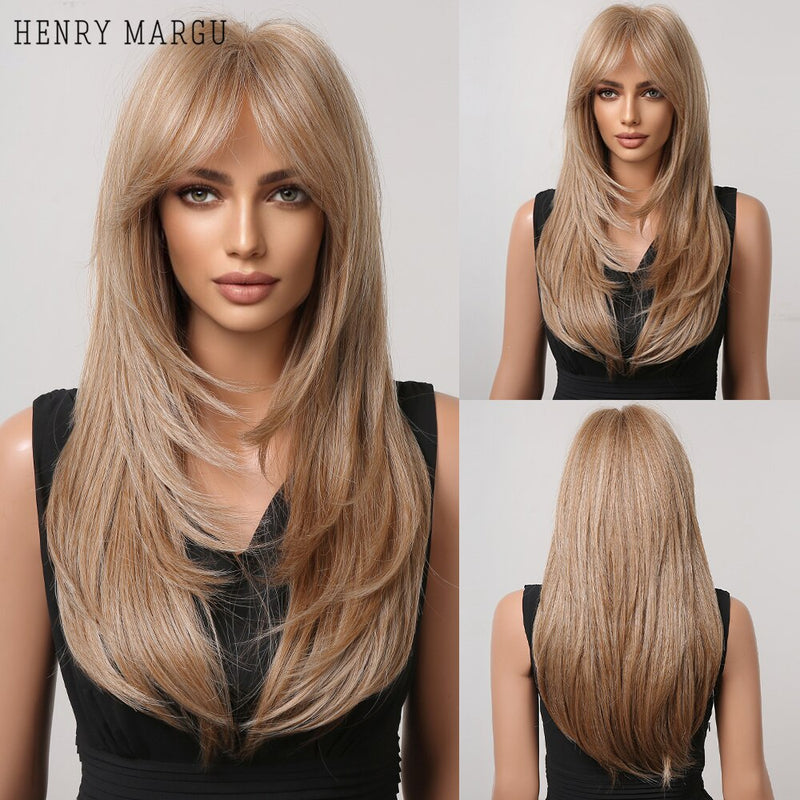 HENRY MARGU Long Straight Black Synthetic Wigs With Bangs Natural Fake Hairs for Women Afro Heat Resistant Cosplay Daily Wigs