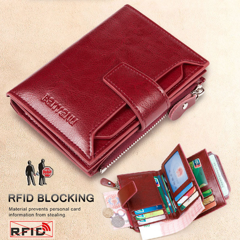 Fahion Women Genuine Leather Wallet RFID Blocking Short Multi Function Large Capacity Zipper Coin Purse Money Clip