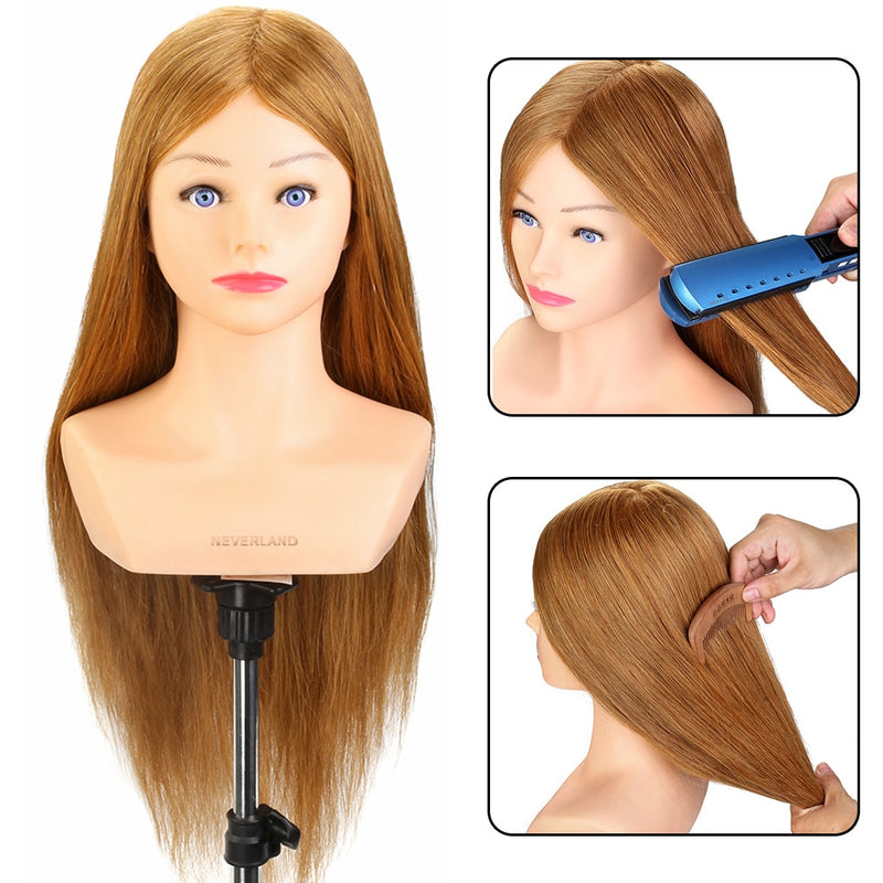 24'' 100% Real Hair Training Head with Shoulder Hairstyles Dummy Doll Mannequin Head for Hairdresser Manikin Head