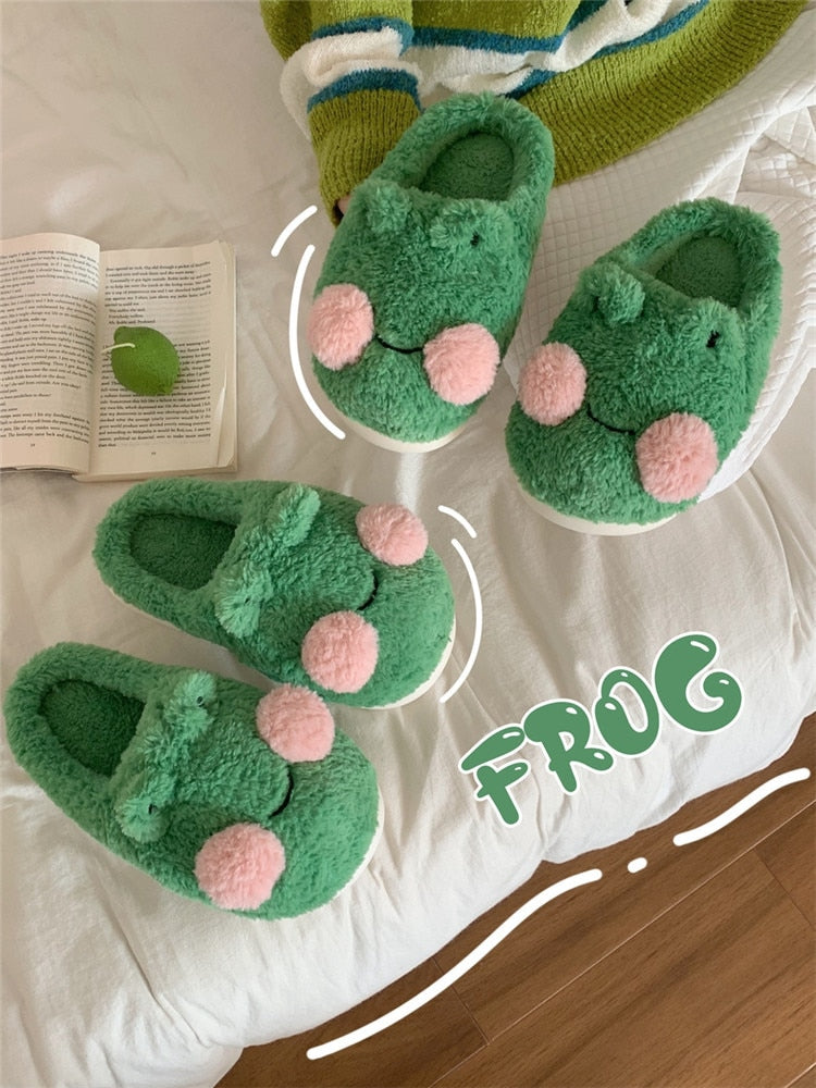 Funny Couple Lovely Frog Cotton Slippers 2022 Winter Student Anti Slip Warm Plush Home Slipper Men And Women Household Shoes