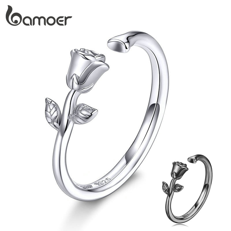 BAMOER 925 Sterling Silver 3D Thorns and Rose Adjustable Finger Rings for Women Plated Black Gold Flower Ring 2 Colors