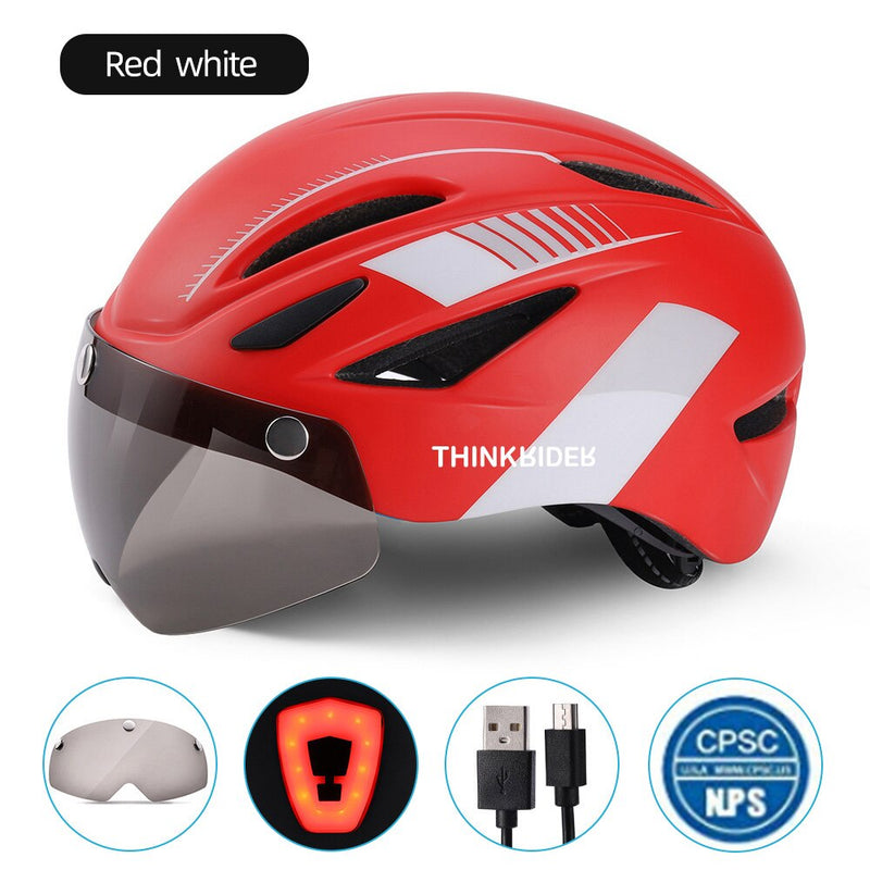 ThinkRider Cycling Helmet with Visor Magnetic Goggles and Tail lights  58-61cm for Men Women MTB Road Bicycle  Bike Helmet