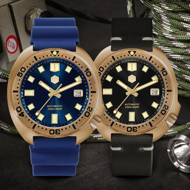 San Martin 44 mm Abalone V4 Turtle Solid Bronze Vintage Diver Men Mechanical Watch 20 Bar Luminous Leather Strap Relojes часы