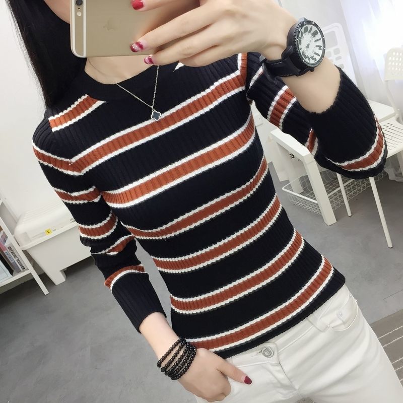 Autumn Sweater 202 Long Sleeve Color Contrast Stripe Versatile O Neck Knitted Sweater Fashion Slim Undercoat Pullover Women