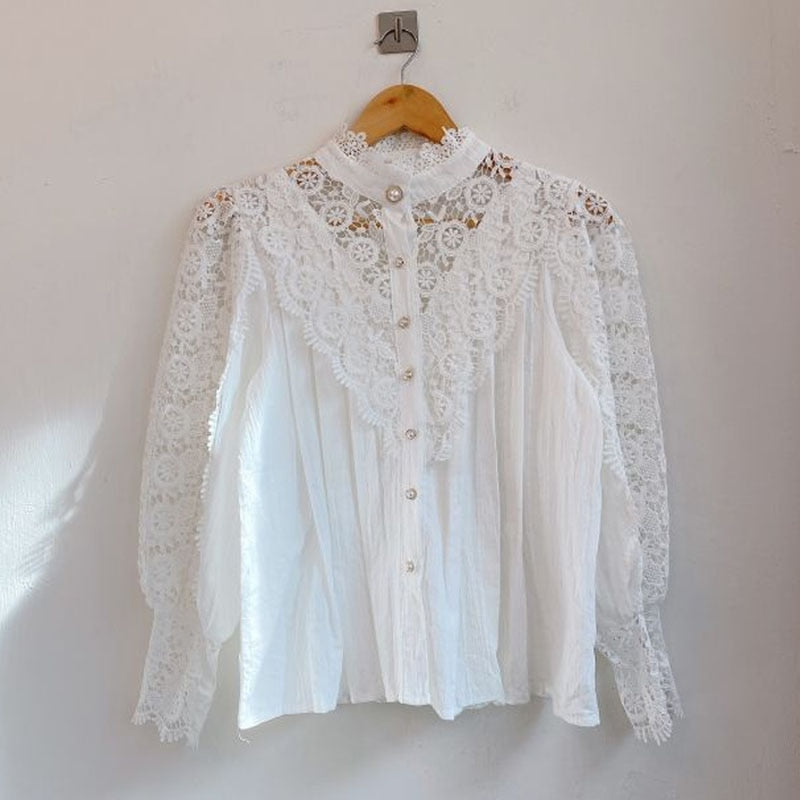Chic Hollow Out Flower Lace Shirt Stand-Collar Blusas de verano que combinan con todo 2022 Pétalo manga Patchwork Mujeres Top Femme Blusas 12419
