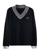 European Style Spring Autumn Women Bee Embroidery Sweater Elegant V-neck Knitted Loose Striped Long Sleeve Pullover  C-019