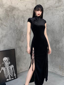 InsGoth Retro Cheongsam Black Dress Goth High Waist Bandage Patchwork  Midi Dress Women Elegant Bodycon Short Sleeve Party Dress