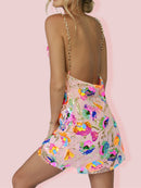 Pink Floral Sequined Mini Dress Sexy Backless Chain Straps Low Cut Short Summer Night Club Party Out Wear Black Orange White