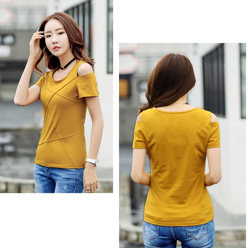 2022 Summer Fashion Women Off Shoulder Tshirt Short Sleeve Shirt Women Tops Solid Color Hole Shirt Casual Blusas New 3022