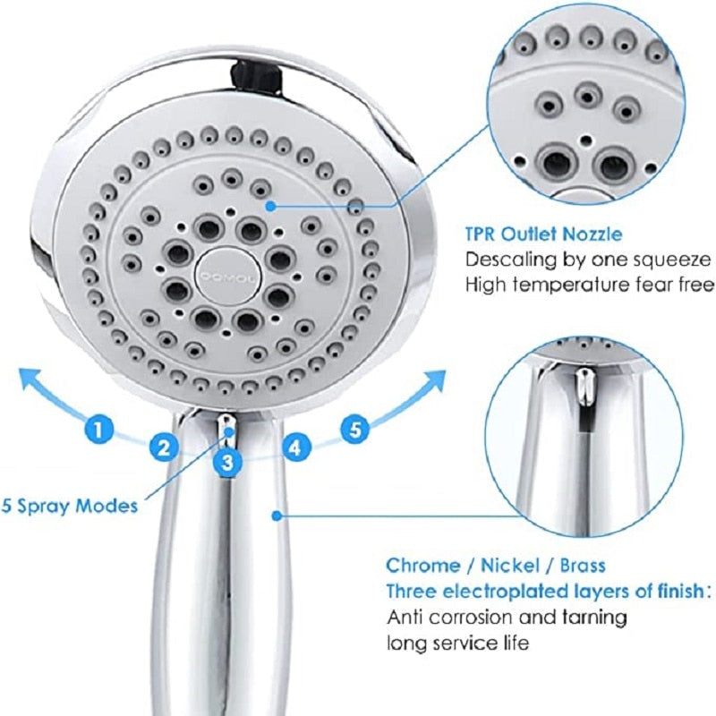 Bathroom Shower Head Water Saving Nozzle 5-Mode High Pressure Spray Settings Massage SPA Easy Cleaning Bathroom Accessories