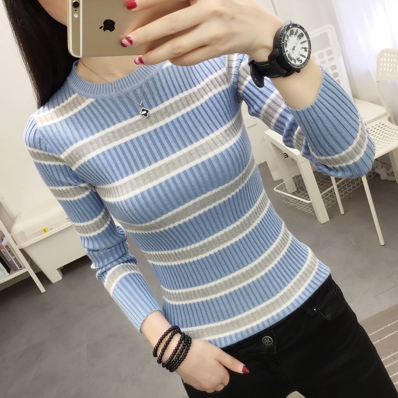 Autumn Sweater 202 Long Sleeve Color Contrast Stripe Versatile O Neck Knitted Sweater Fashion Slim Undercoat Pullover Women