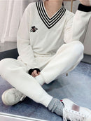 European Style Spring Autumn Women Bee Embroidery Sweater Elegant V-neck Knitted Loose Striped Long Sleeve Pullover  C-019