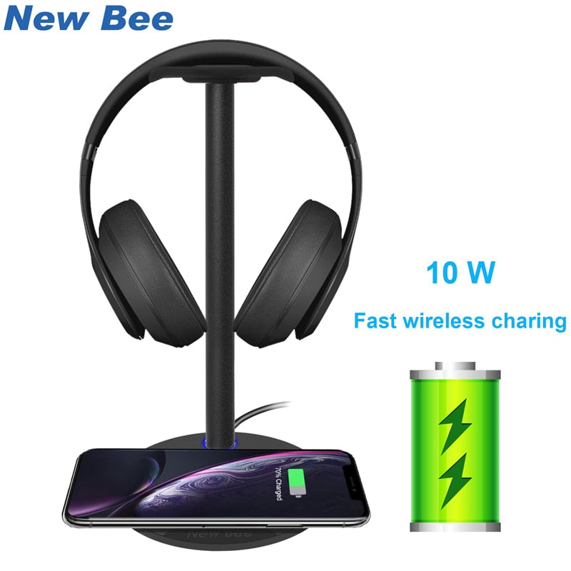 New Bee Original Fast Wireless Charging Headphone Stand 5W/7.5W/10W Fast Charging Speed Headset Holder with LED For All Qi Phone