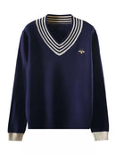 European Style Spring Autumn Women Bee Embroidery Sweater Elegant V-neck Knitted Loose Striped Long Sleeve Pullover  C-019