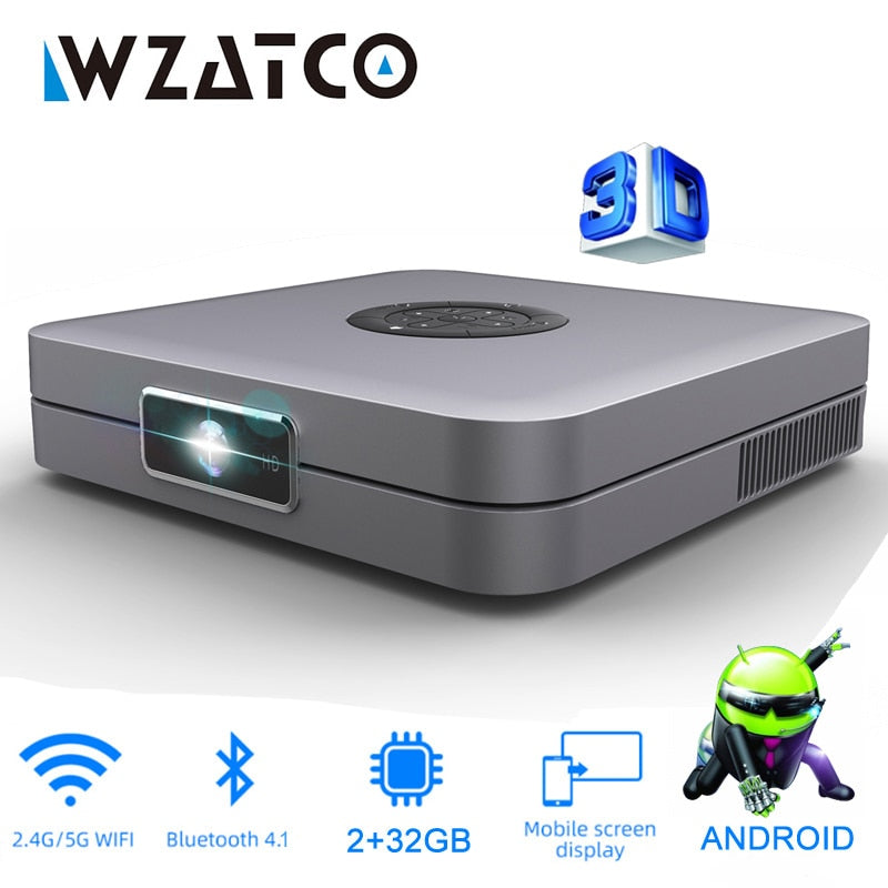 WZATCO D1 DLP Proyector 3D 300 pulgadas Home Cinema soporte Full HD 1920x1080P, 32GB Android 5G WIFI Video Beamer MINI Proyector
