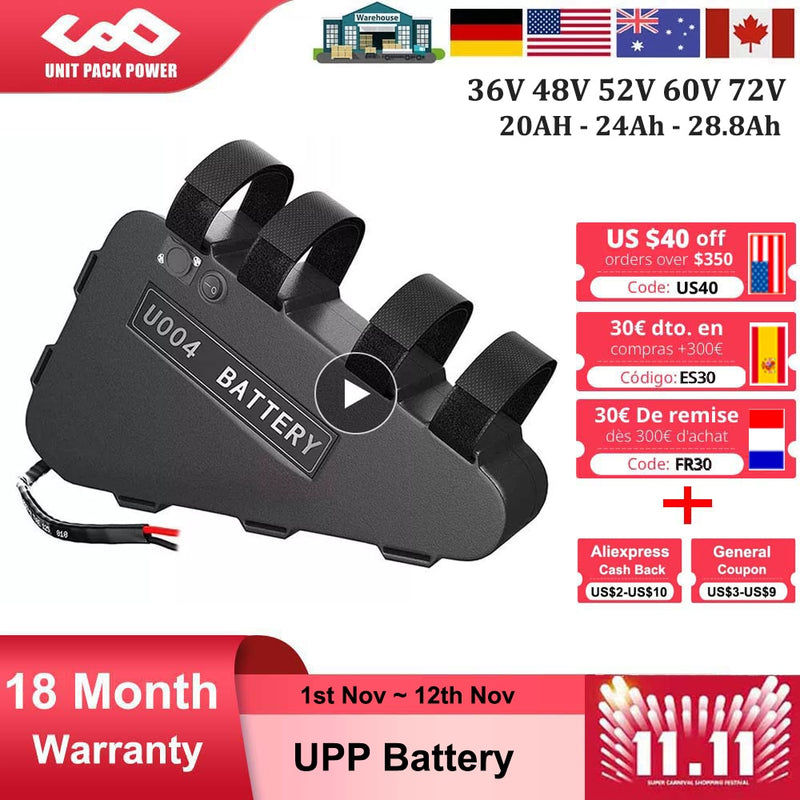 Batería LG Tesla EBike 21700 18650 paquete de batería triangular 36V 48V 52V 20Ah 24Ah 28.8Ah para Motor de 750W 500W 1000W 2000W