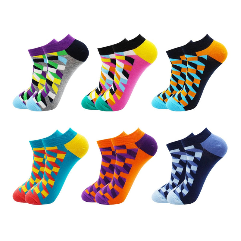 6-12 Pairs Novelty Funny Casual Ankle Socks Fashion Colorful Harajuku Fruit Animal Grid Cotton Men Socks Slippers