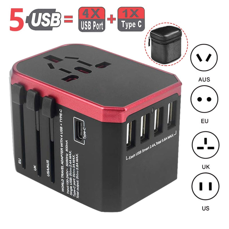 Adaptador de viaje Rdxone Adaptador de corriente universal internacional Todo en uno con 5 USB Cargador de pared mundial para Reino Unido / UE / EE. UU. / Asia