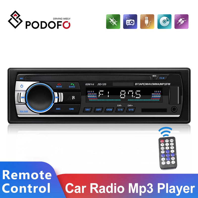 Podofo Car Radio Stereo Player Digital Bluetooth MP3 Player JSD-520 60Wx4 FM Audio Stereo Music USB/SD with In Dash AUX Input