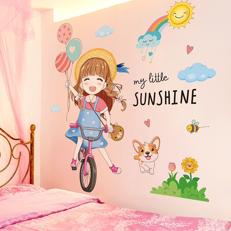 [shijuekongjian] Cartoon Girl Wall Stickers DIY Dandelion Flowers Plant Mural Decals for Kids Rooms Baby Bedroom Home Decoration