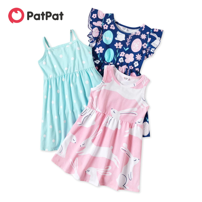 PatPat primavera y otoño 3-pack vestidos niño niña puntos y sólido vestido de manga corta y manga larga conjunto lindo ropa para niños