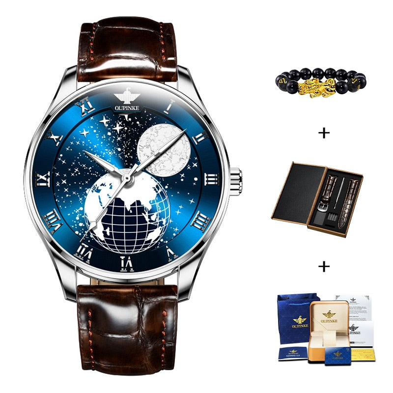 OUPINKE, relojes de pulsera mecánicos de fase lunar para hombre, relojes de lujo automáticos impermeables de marca superior para hombre, reloj Masculino de zafiro